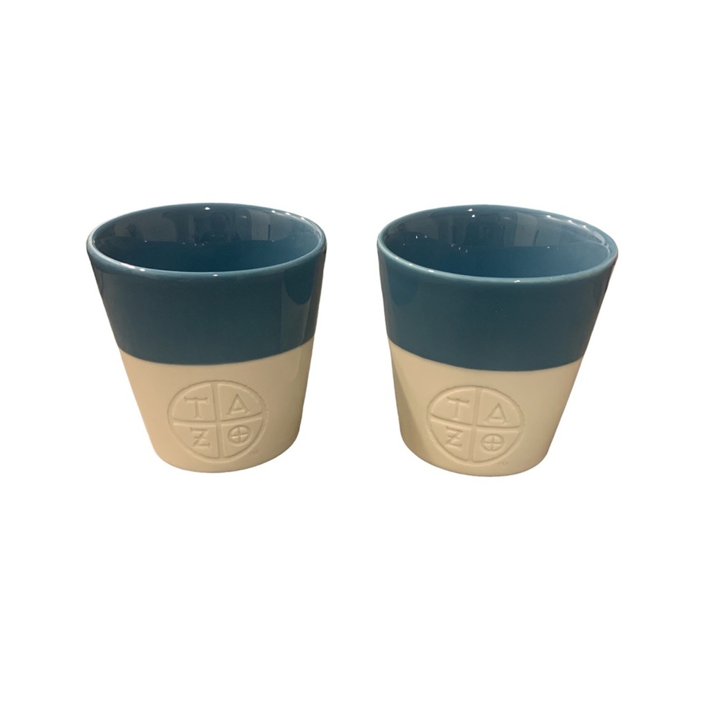 Set of two Starbucks Tazo Tea Blue Teal and White Mugs New Bone China 2011